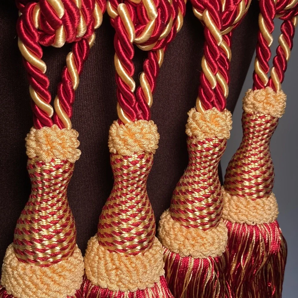 Drapery tie back (4) rope and tassels gold burgundy